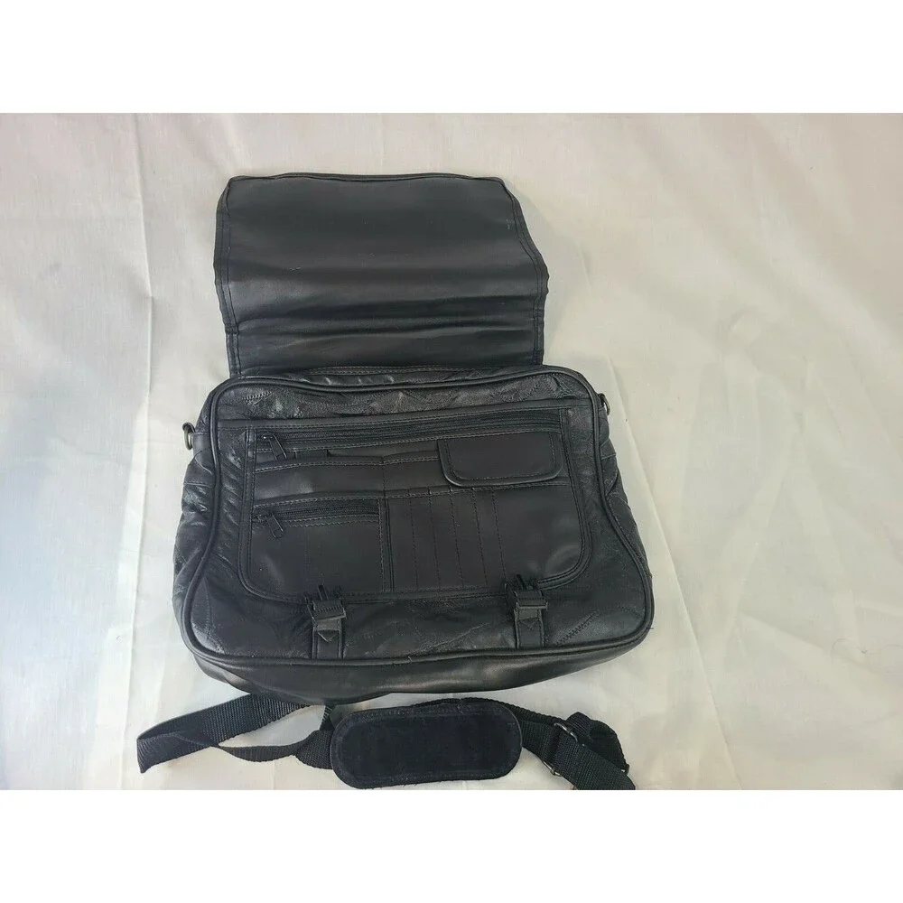 Black Genuine LEATHER Unisex BRIEFCASE Laptop Bag Business Case & Strap